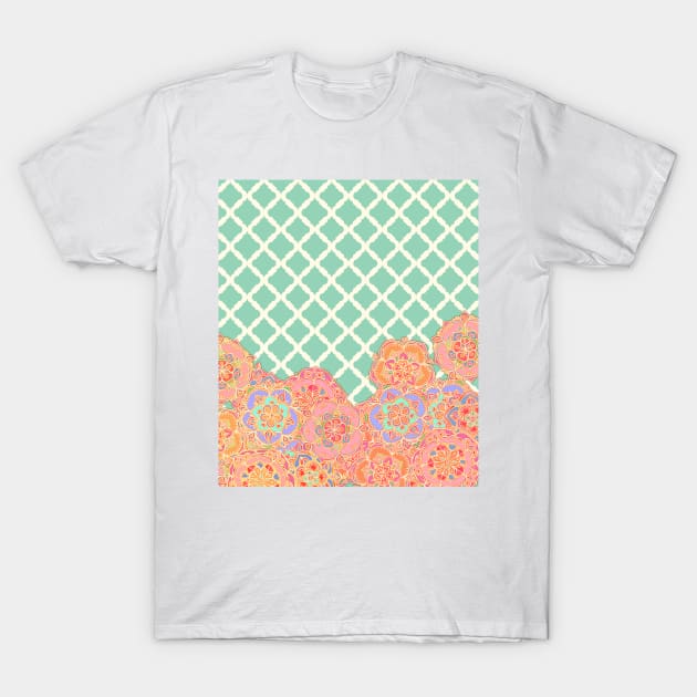 Floral Doodle on Mint Moroccan Lattice T-Shirt by micklyn